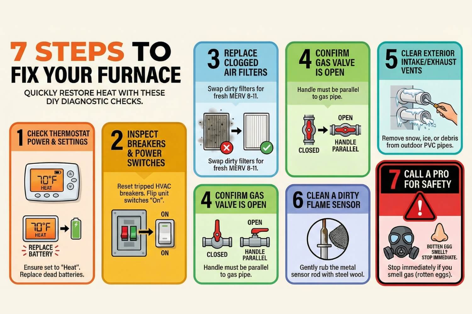 A step-by-step infographic guide on how to troubleshoot your furnace safely, featuring 7 DIY diagnostic checks to quickly restore heat to your home.
