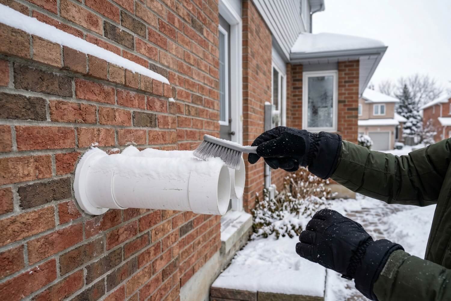 Clearing snow away from exterior PVC pipes to help fix your heater during winter.