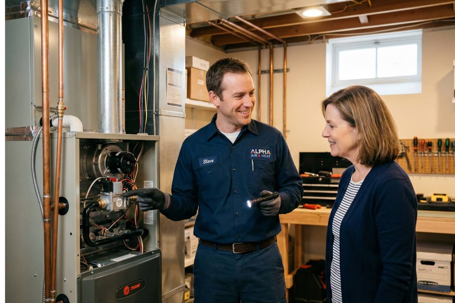 troubleshoot your furnace safely in a bright basement.