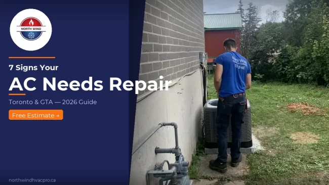 Signs your AC needs repair, NorthWind HVAC technician servicing an outdoor air conditioner in the Toronto GTA