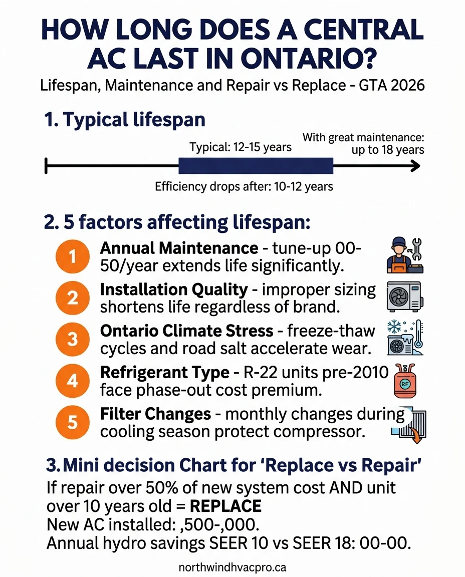 How long does a central AC last in Ontario - lifespan factors and repair vs replace guide 2026