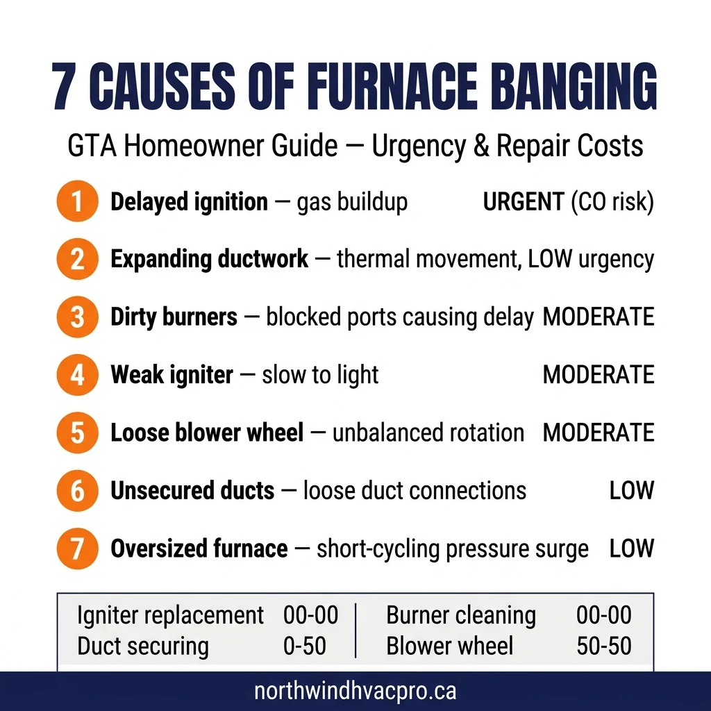 7 causes of furnace banging noise urgency and repair cost infographic GTA 2026
