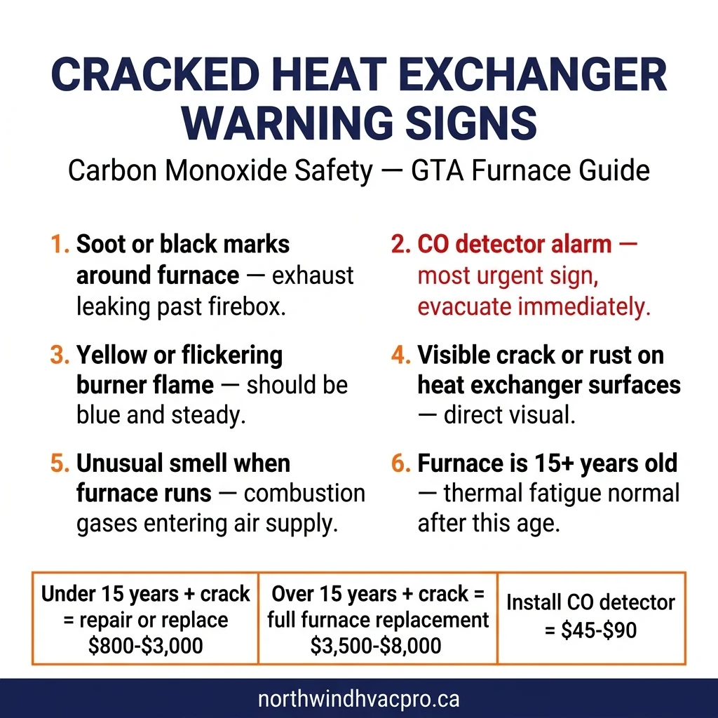 Cracked furnace heat exchanger warning signs CO safety infographic GTA 2026