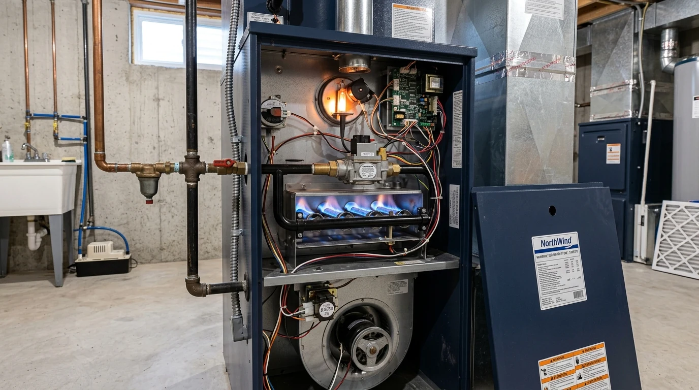 Open residential gas furnace showing burner assembly and heat exchanger in a Toronto GTA basement