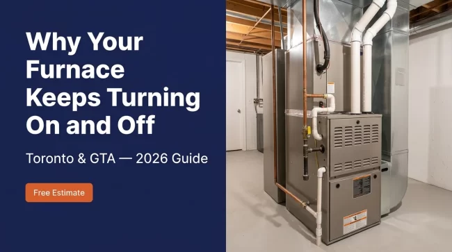 Gas furnace in a Toronto GTA basement with text: Why Your Furnace Keeps Turning On and Off