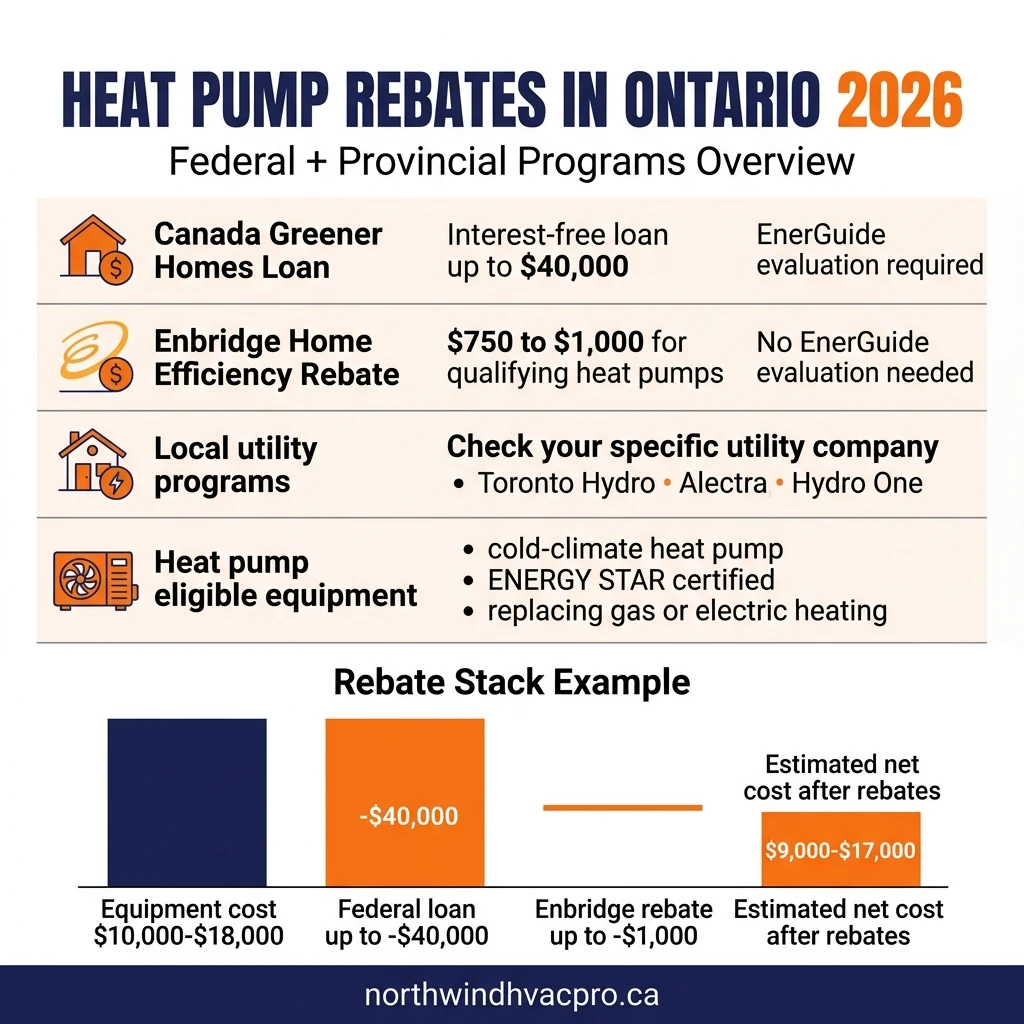 Heat pump rebates Ontario 2026 federal provincial programs infographic