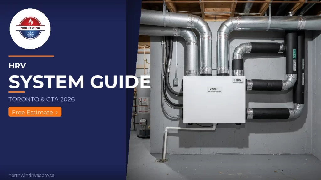 HRV heat recovery ventilator unit mounted on basement wall with ductwork connections in Ontario residential home