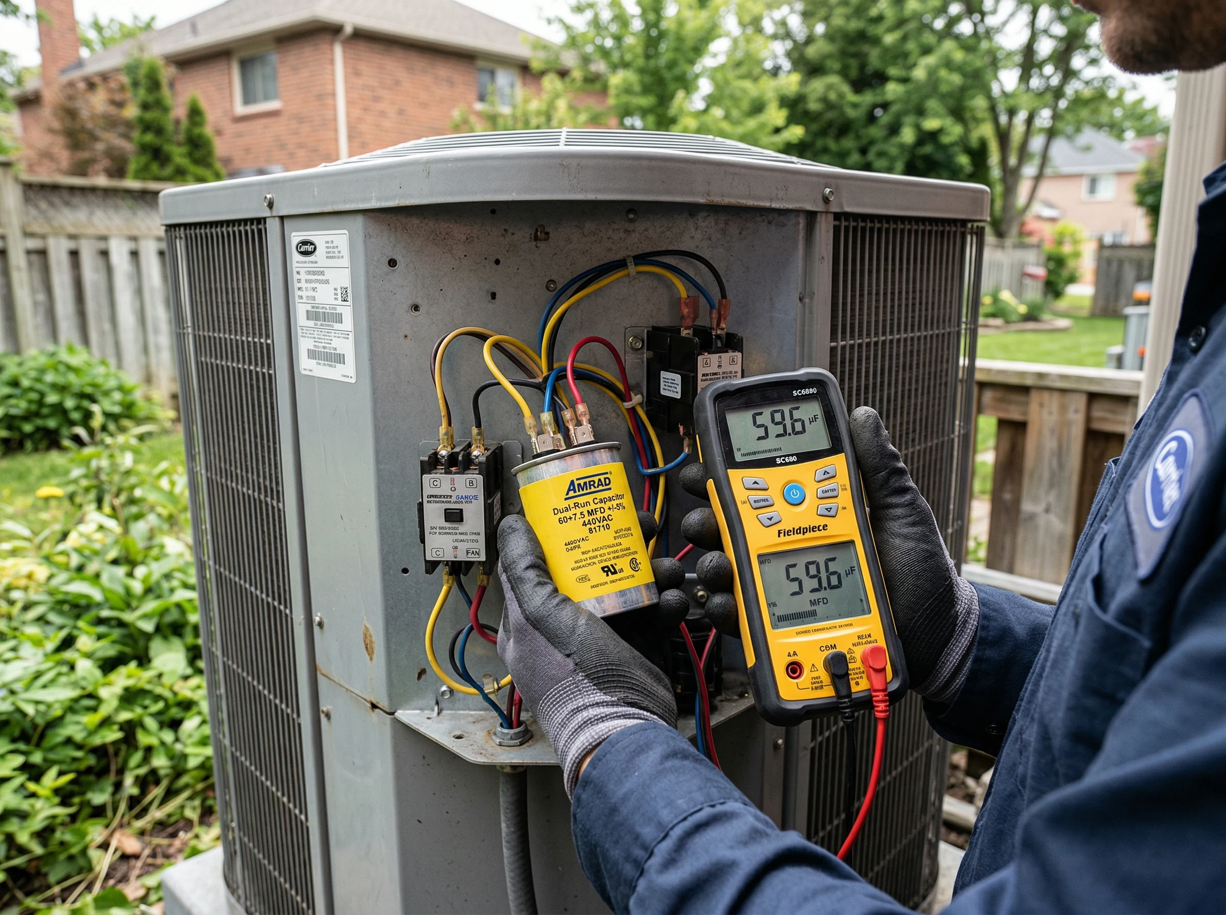 Technician holding AC capacitor testing with digital multimeter open condenser unit GTA
