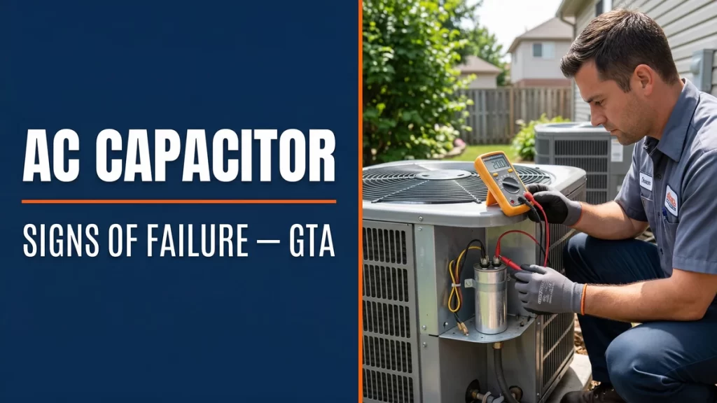 HVAC technician testing AC capacitor with multimeter outdoor condenser unit Toronto GTA