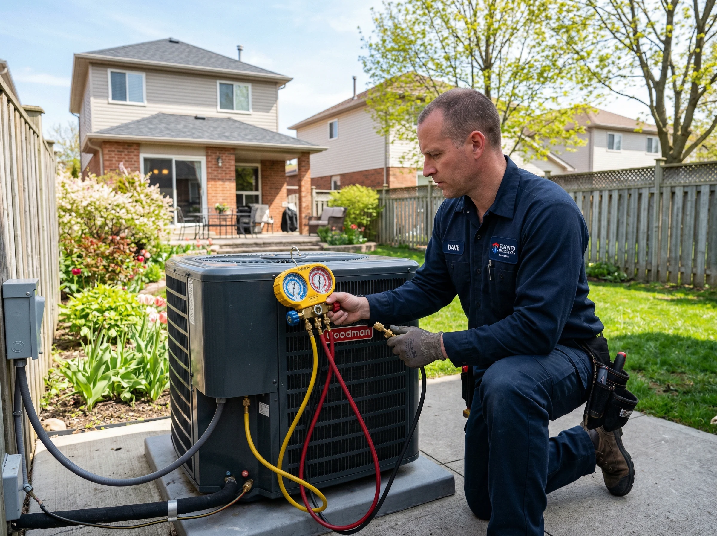 HVAC technician checking AC refrigerant pressure with manifold gauges Toronto GTA