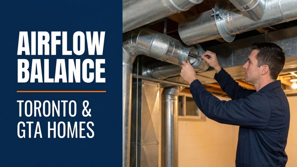 HVAC technician adjusting duct damper residential basement ductwork Toronto GTA airflow balancing