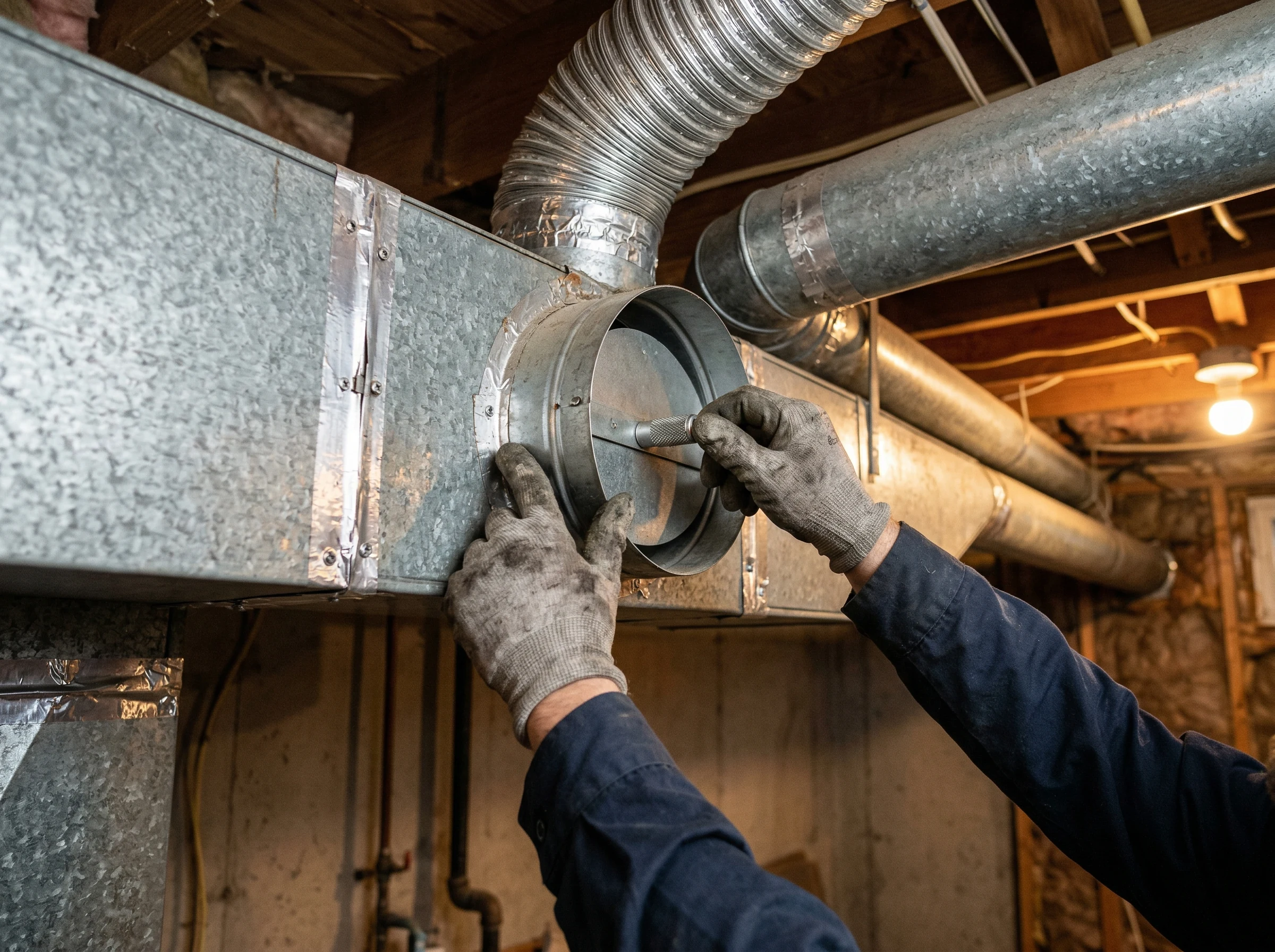 HVAC technician adjusting duct damper on sheet metal duct trunk residential basement GTA