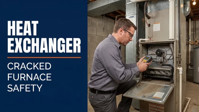 HVAC technician inspecting furnace heat exchanger with combustion analyzer basement Toronto GTA