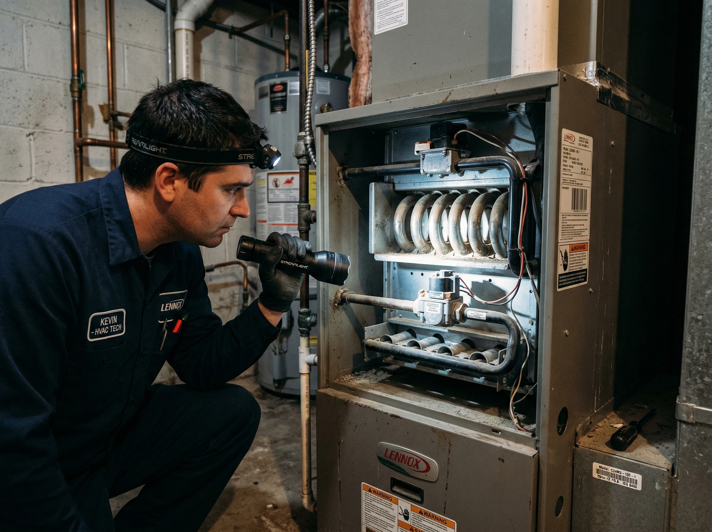 Technician inspecting furnace heat exchanger interior with flashlight basement GTA