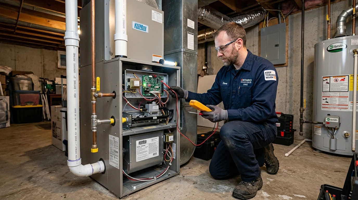 NorthWind HVAC technician diagnosing a gas furnace control board in a Toronto GTA home basement