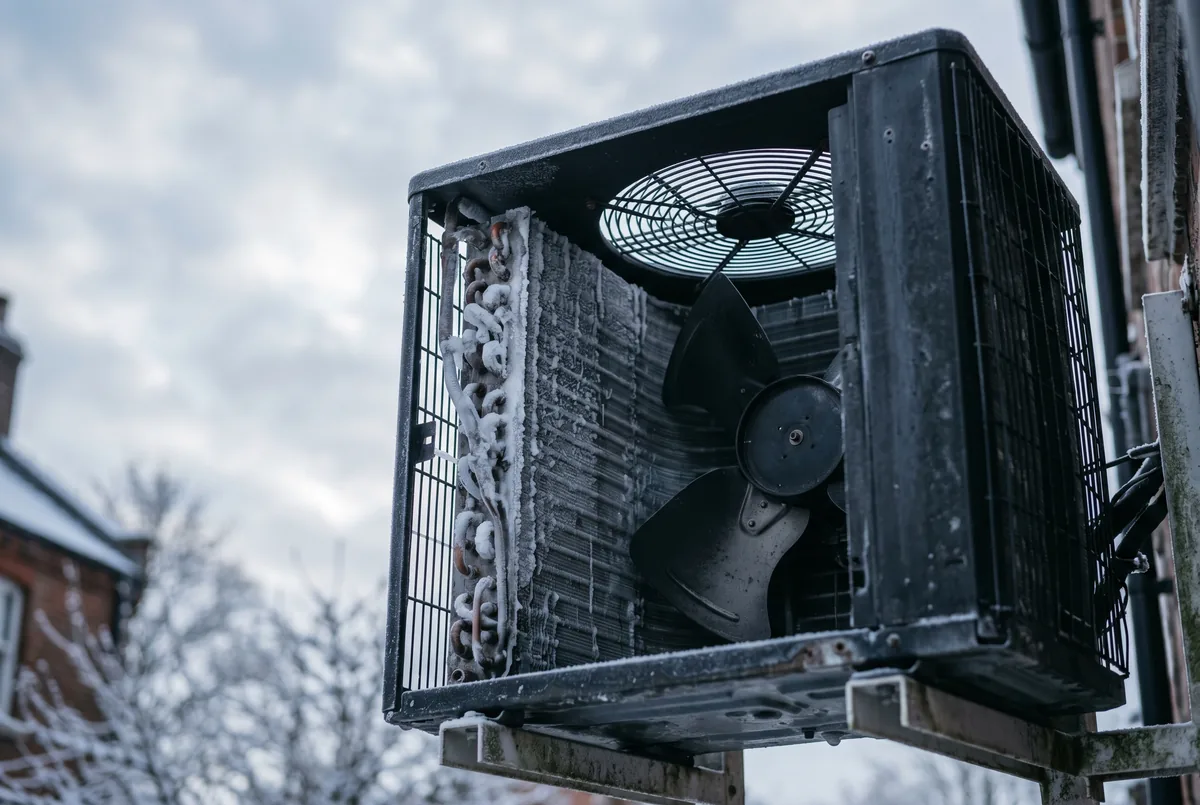 Cold-climate heat pump outdoor coil in winter, frosted with light snow