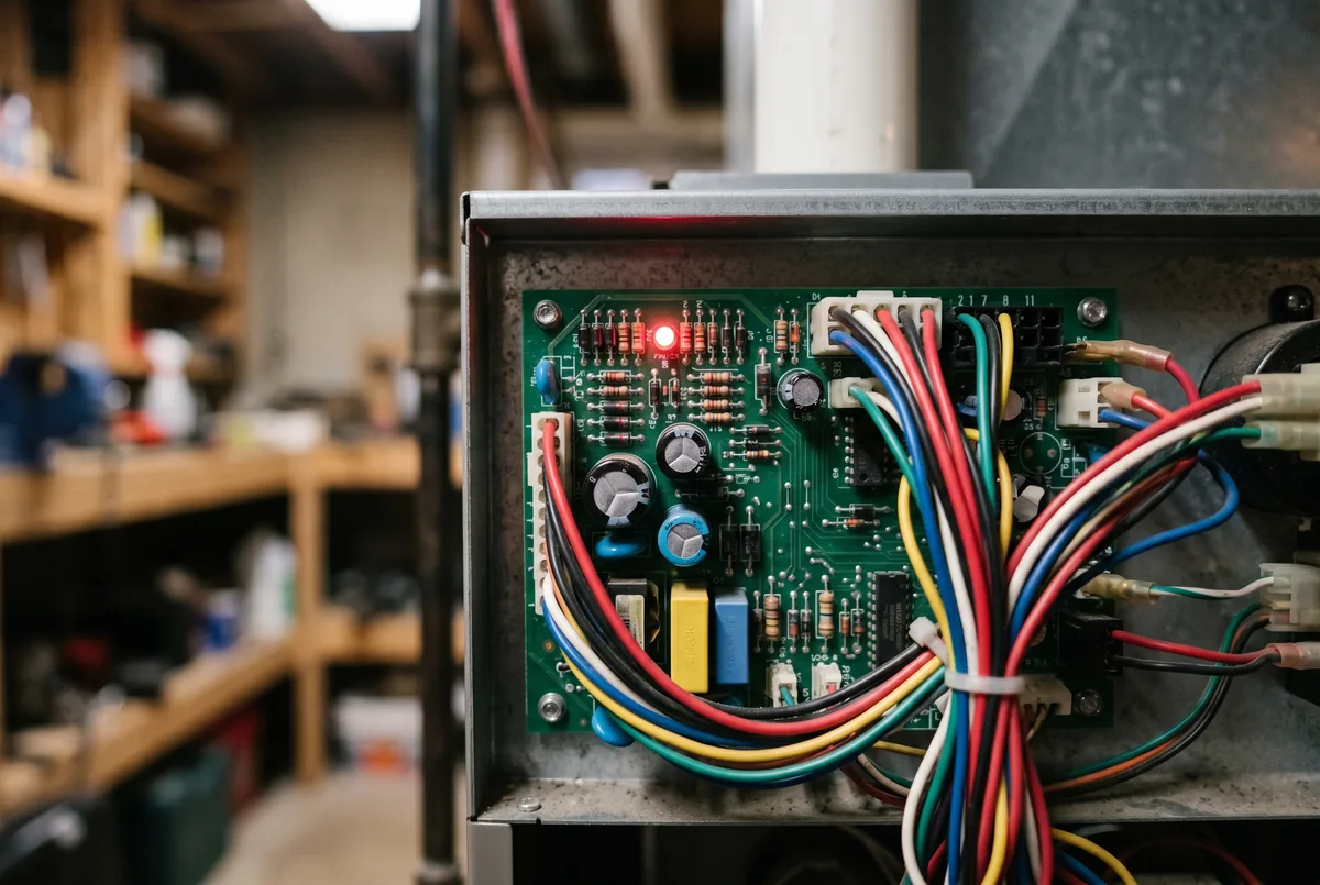 Gas furnace control board with diagnostic LED illuminated