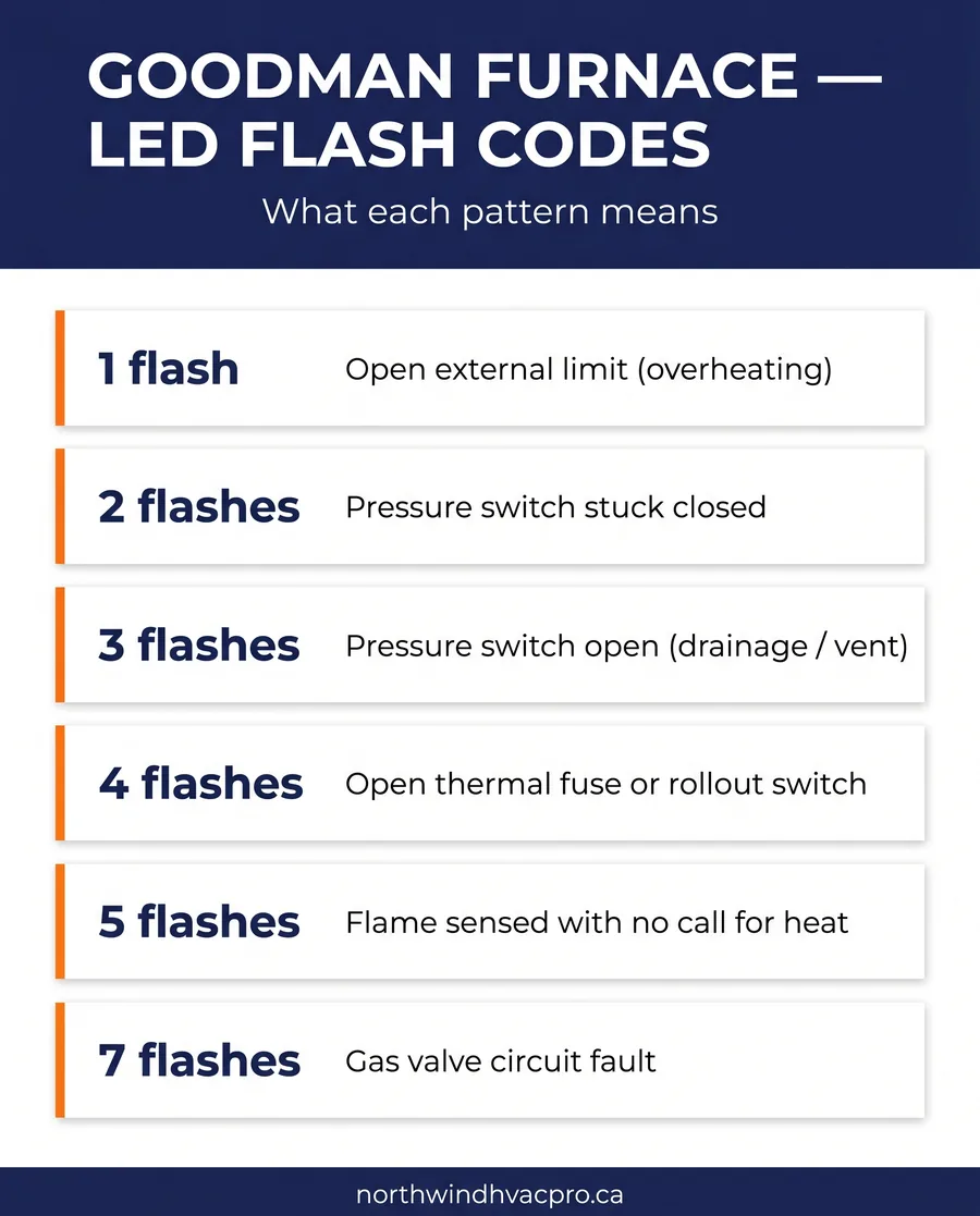 Goodman furnace LED flash code chart showing what each pattern means