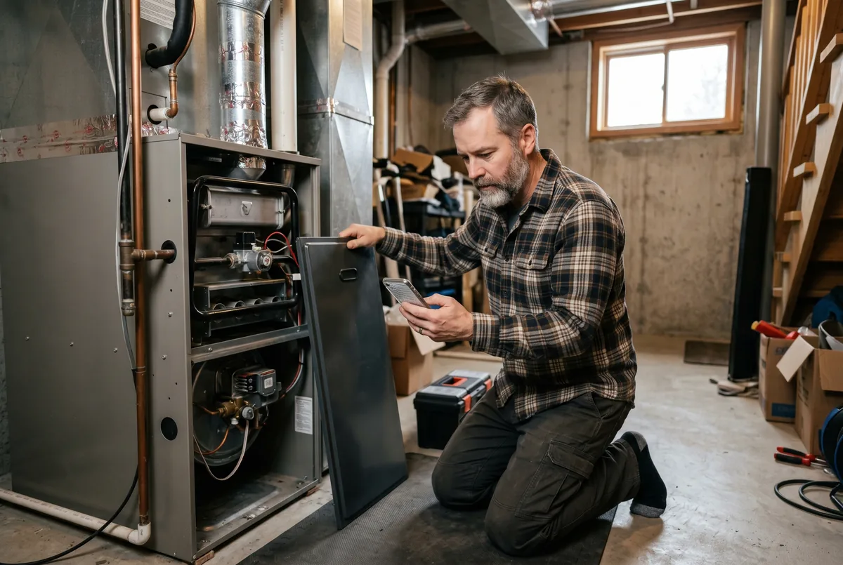Homeowner troubleshooting a basement furnace with phone in hand