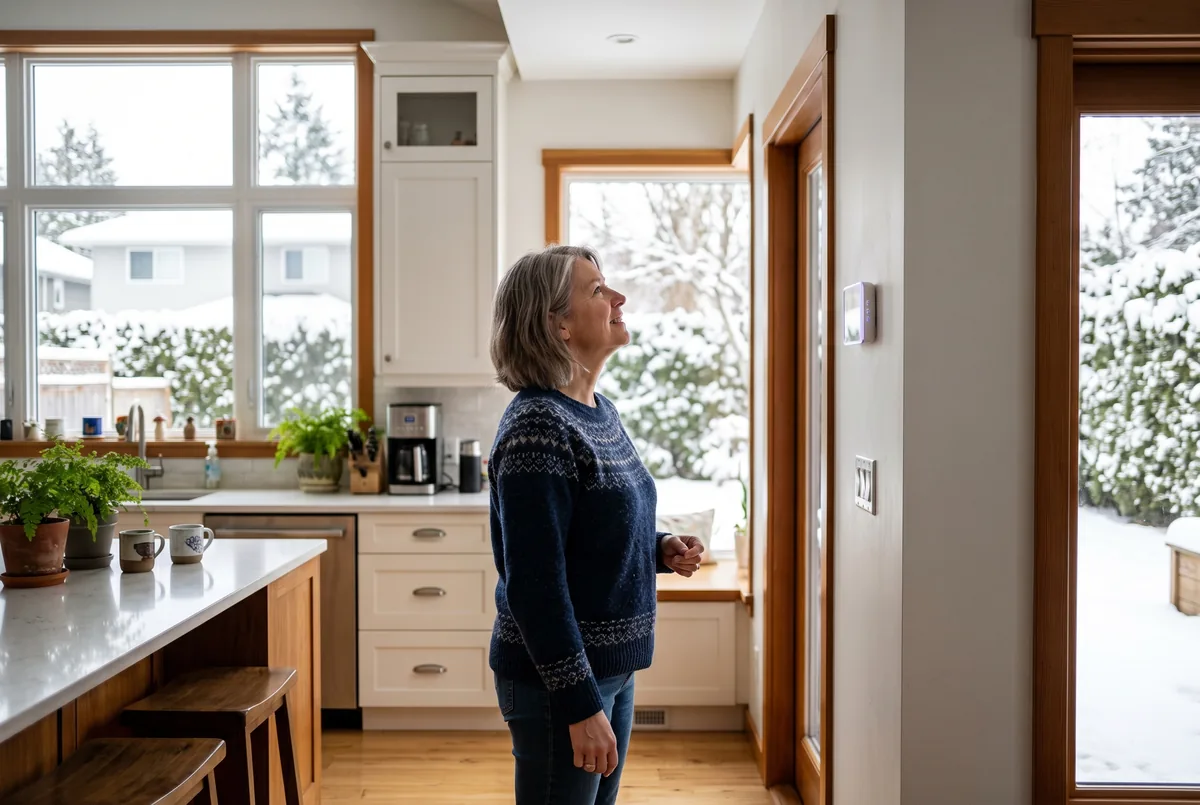Barrie homeowner checking a programmable thermostat in winter daylight