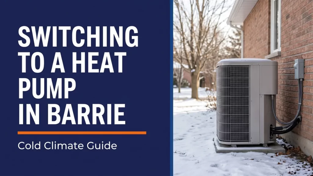 Switching to a heat pump in Barrie - cold-climate heat pump on side of brick home in winter