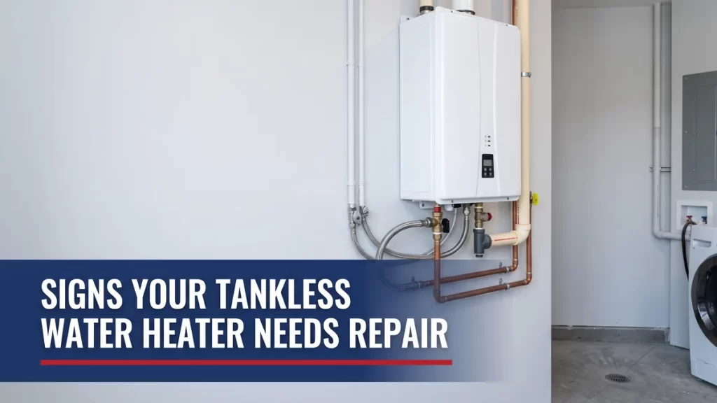 Wall-mounted tankless water heater unit, showing the tankless water heater repair signs to watch for