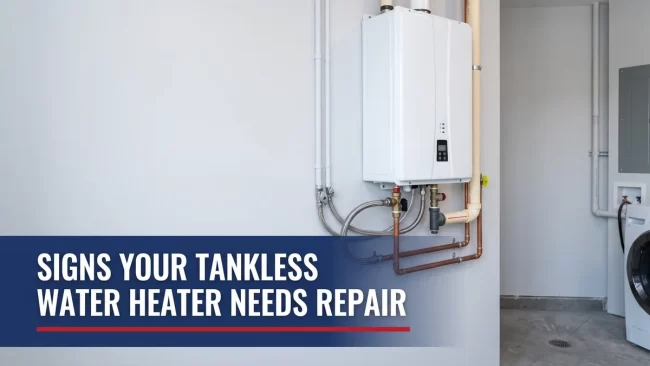 Wall-mounted tankless water heater unit, showing the tankless water heater repair signs to watch for