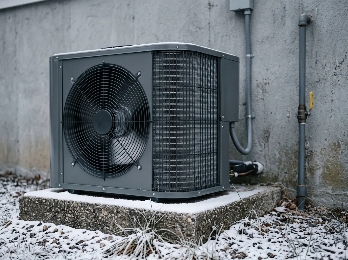 Outdoor heat pump unit installed as part of a dual-fuel HVAC system Outdoor heat pump condenser unit mounted beside a home's gas service line as part of a dual-fuel HVAC system