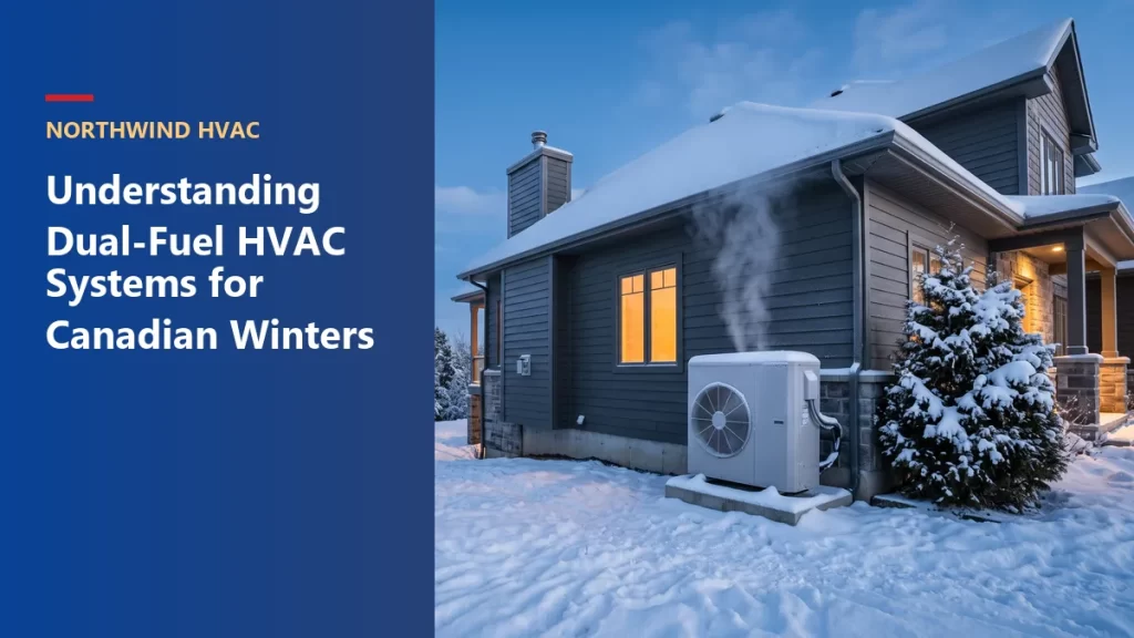 Snow-covered Ontario home with an outdoor heat pump unit, illustrating a dual-fuel HVAC system for winters