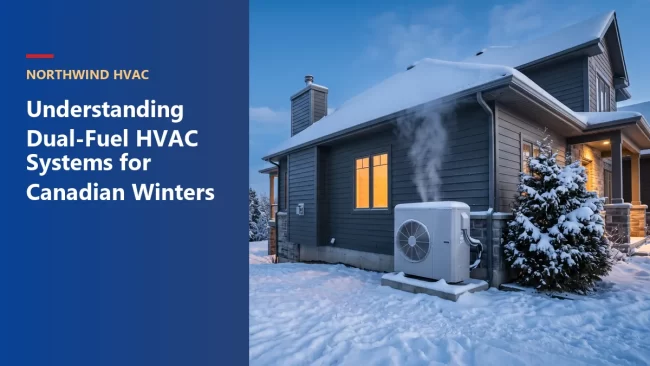 Snow-covered Ontario home with an outdoor heat pump unit, illustrating a dual-fuel HVAC system for winters