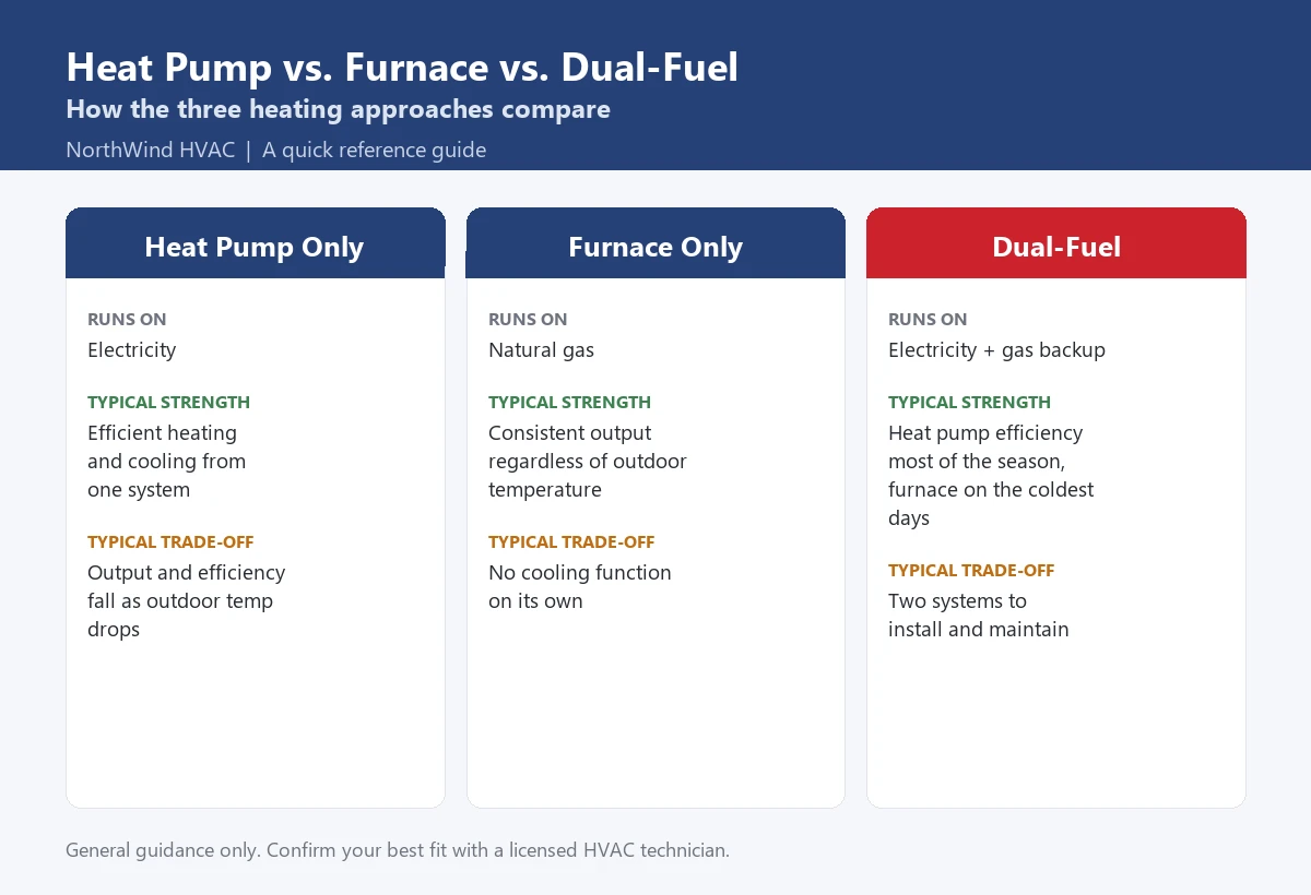 Heat pump vs furnace vs dual-fuel HVAC comparison infographic Infographic comparing heat pump only, furnace only, and dual-fuel HVAC systems for Canadian winters