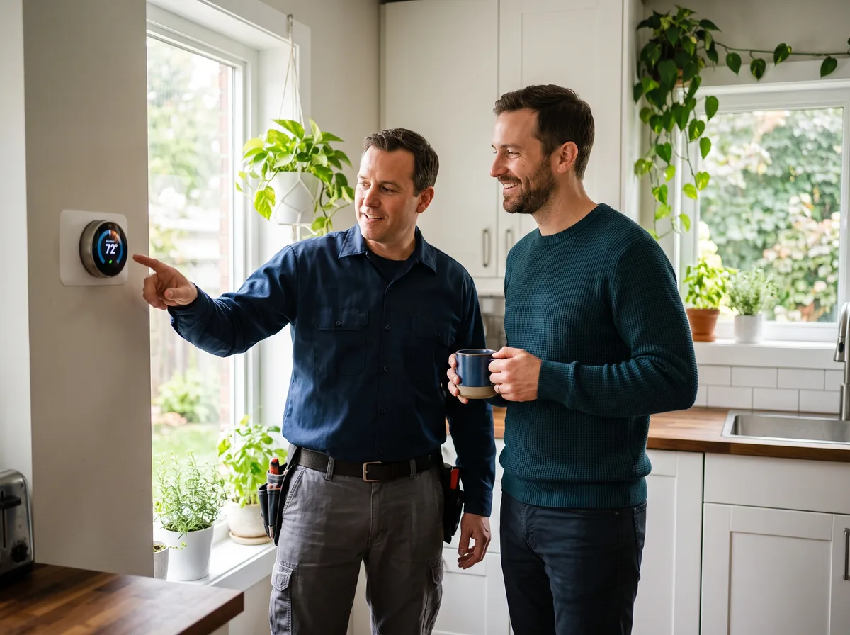 Technician reviewing dual-fuel thermostat switchover settings with a homeowner Technician showing homeowner the switchover settings on a smart thermostat