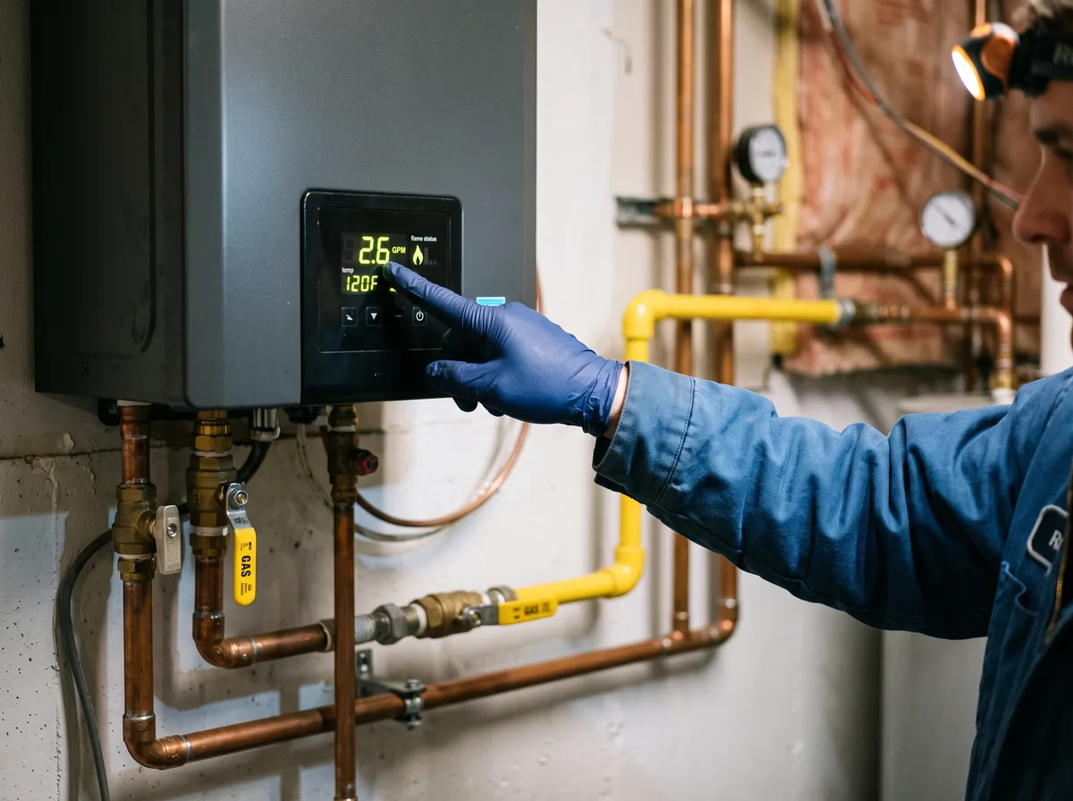 North Wind tankless water heater inspection Technician inspecting tankless water heater for temperature fluctuations