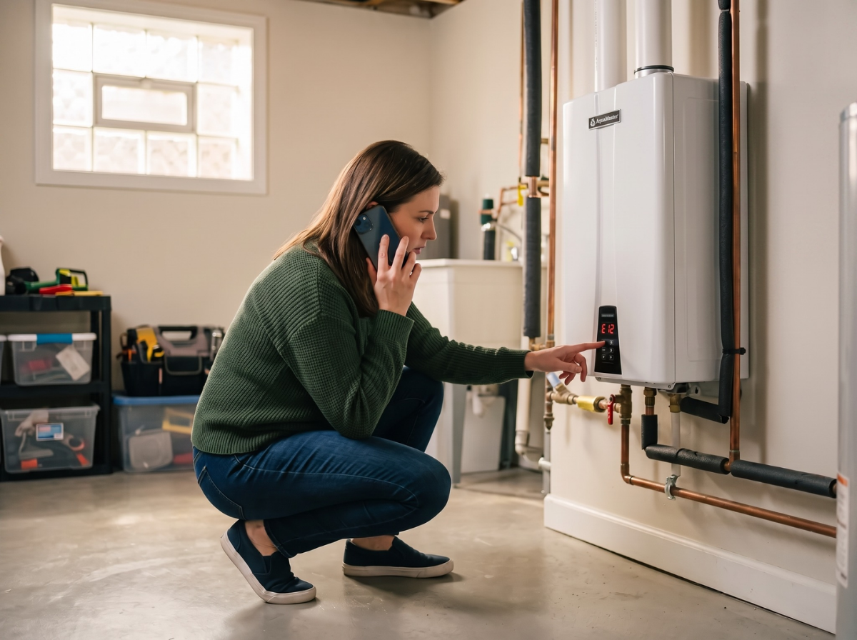 tankless water heater homeowner inspection Homeowner inspecting tankless water heater display screen