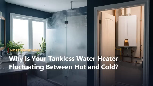 Steamy shower and a wall-mounted tankless water heater display, illustrating tankless water heater temperature fluctuation