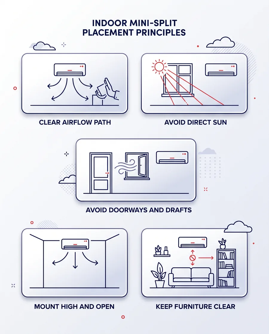 ductless ac mini split placement principles Graphic summarizing indoor mini-split placement rules