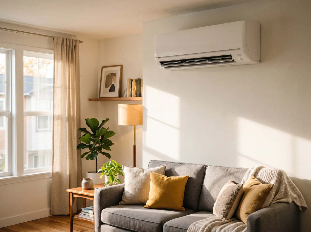 Ductless AC mini-split placement centered above a sofa in a sunlit living room