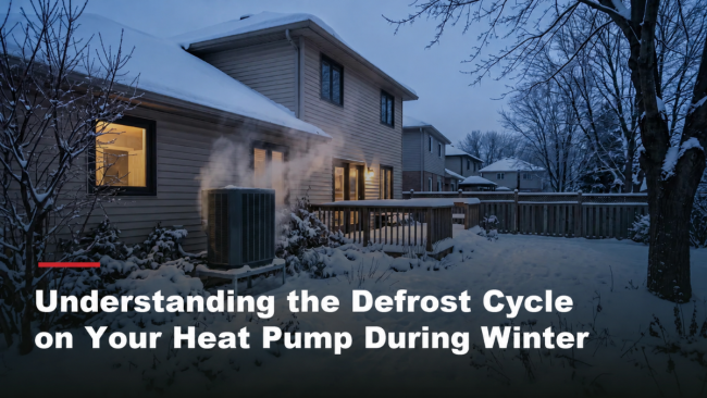 Snow-covered backyard with steam rising from a heat pump outdoor unit at dusk