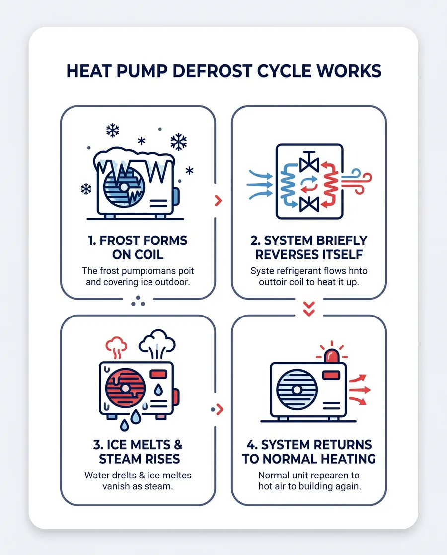 heat pump defrost cycle explained infographic Infographic explaining the steps of a heat pump defrost cycle