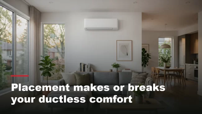Modern GTA living room with a ductless indoor unit mounted high above the sofa